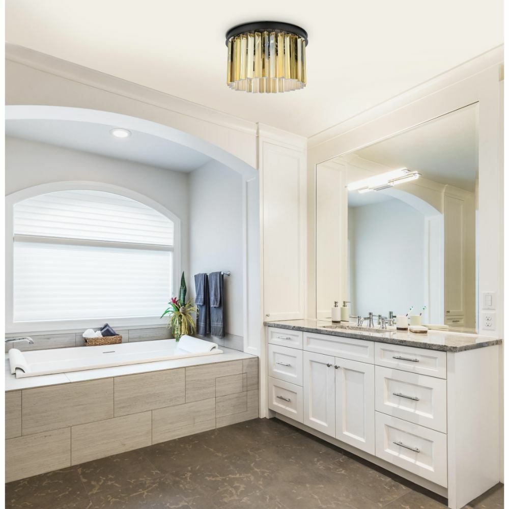 Sydney 3 Light Crystal Flush Mount Chandelier Matte Black 16: Sydney 3 Light Crystal Flush Mount Chandelier Matte Black 16 This contemporary flush mount chandelier features three lights and a striking combination of golden teak royal cut crystals with a matte bl