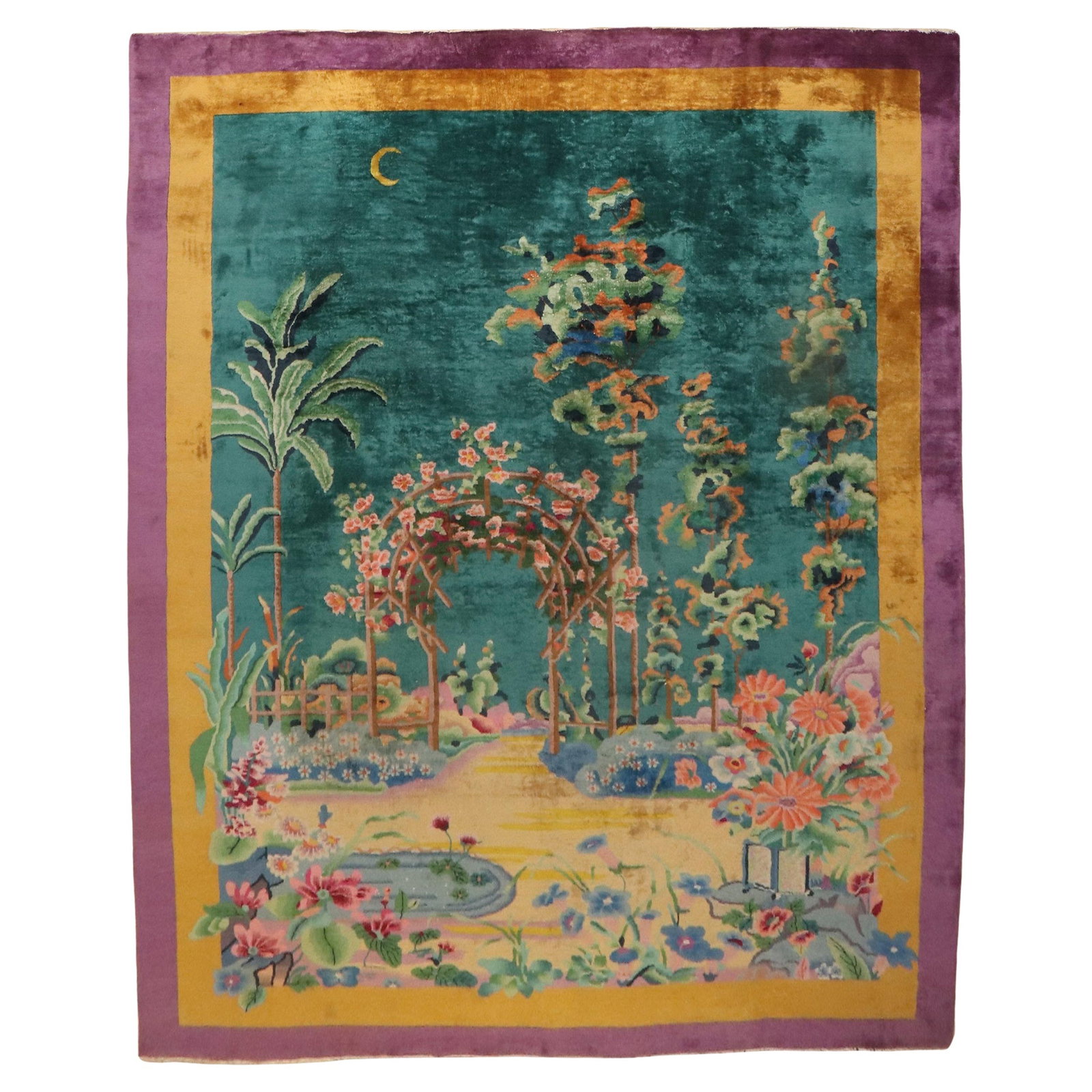 Chinese Art Deco Wool Hand Knotted Carpet 9 x 11'9: Chinese Art Deco Wool Hand Knotted Carpet 9 x 11'9 This exquisite antique Chinese Art Deco carpet showcases a vibrant floral design in striking colors of bright green, coral, mustard, and purple. Meas