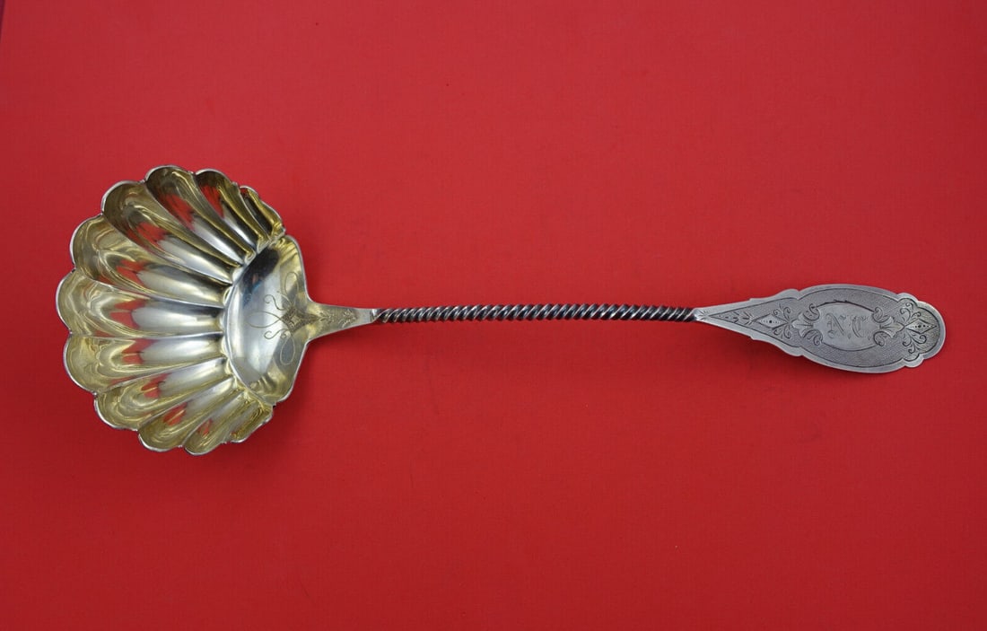 13" Coin Silver Soup Ladle Hotchkiss & Schreuder Shell Bowl Twist Handle: 13" Coin Silver Soup Ladle Hotchkiss & Schreuder Shell Bowl Twist Handle Coin silver soup ladle by Hotchkiss & Schreuder featuring an engine-turned finish, shell bowl, and twist handle. It is monogram