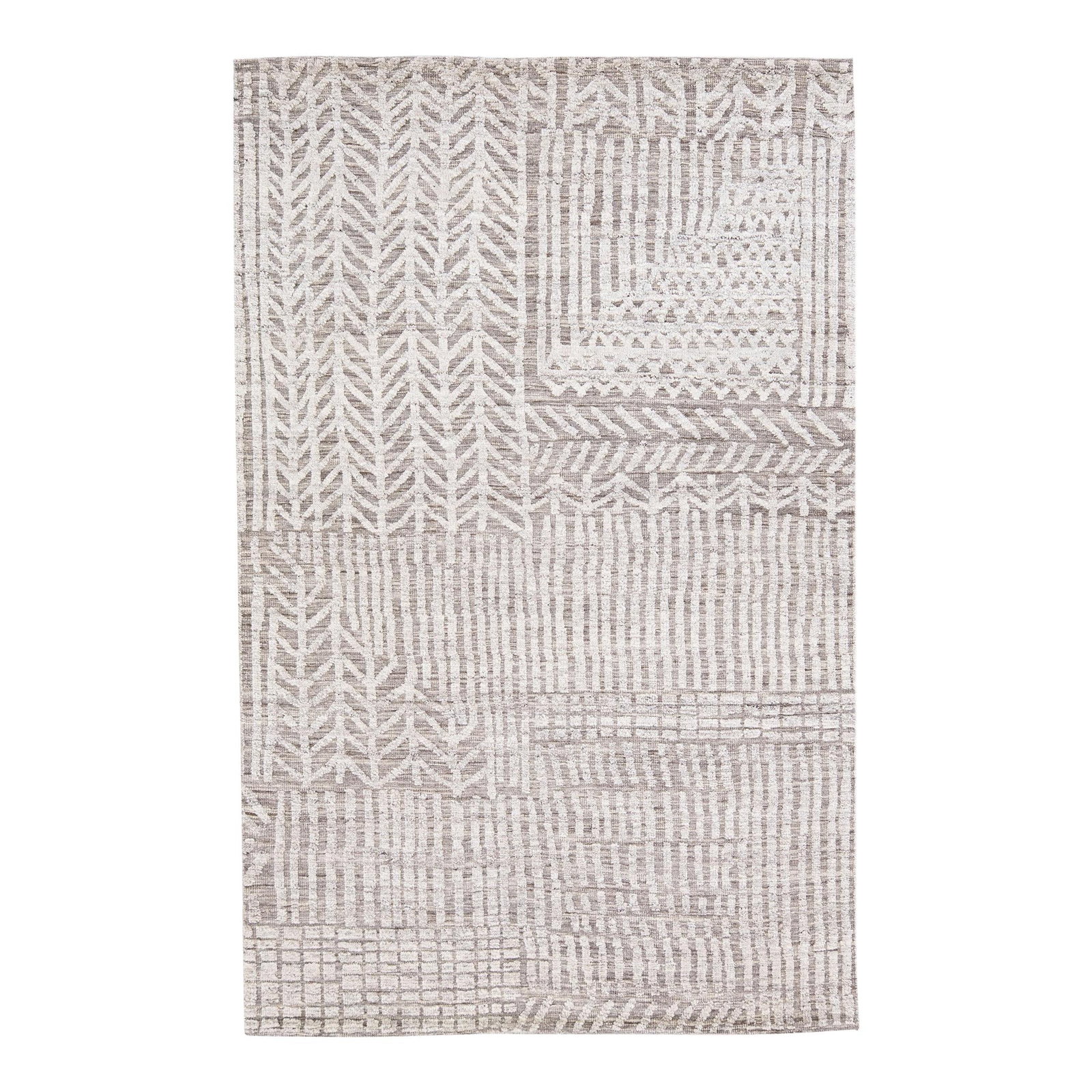 Apadana Safi Collection Gray Wool Moroccan Style Rug 5'2 x 8': Apadana Safi Collection Gray Wool Moroccan Style Rug 5'2 x 8' Discover the elegance of this beautiful modern Moroccan-style hand-knotted wool rug, showcasing a light gray color field. Part of Apadana'