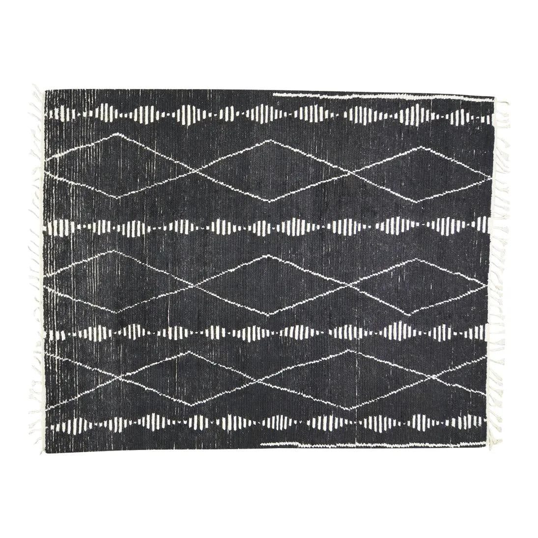 10'3" x 14' Hand-Knotted Wool Rug Aleph Design Moroccan: 10'3" x 14' Hand-Knotted Wool Rug Aleph Design Moroccan This hand-knotted wool rug showcases traditional Moroccan craftsmanship blended with modern design influences. Featuring a rich ebony color, the