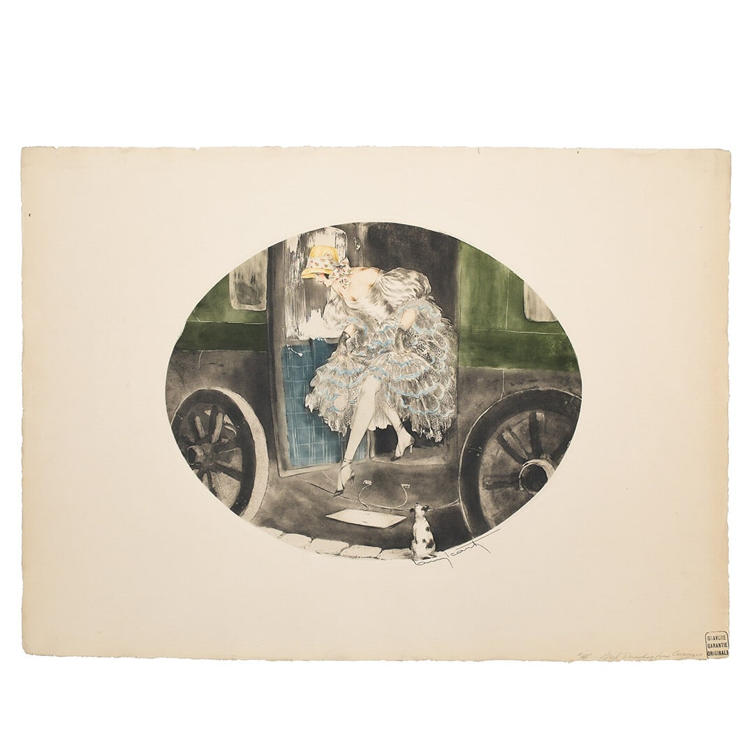 Louis Icart 1830 Art Deco signed serigraph woman print: Louis Icart 1830 Art Deco signed serigraph woman print This is a signed serigraph print titled "1830" by Louis Icart, created in the Art Deco style. The artwork features a woman and is signed by the a