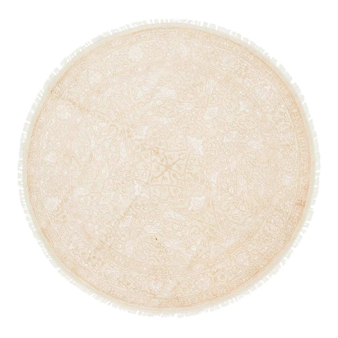 Exquisite 6'1 Modern Floral Wool Silk Round Rug Beige: Exquisite 6'1 Modern Floral Wool Silk Round Rug Beige Enhance your living space with this exquisite hand-knotted round rug, crafted from a luxurious blend of wool and silk. The rug features a stunning