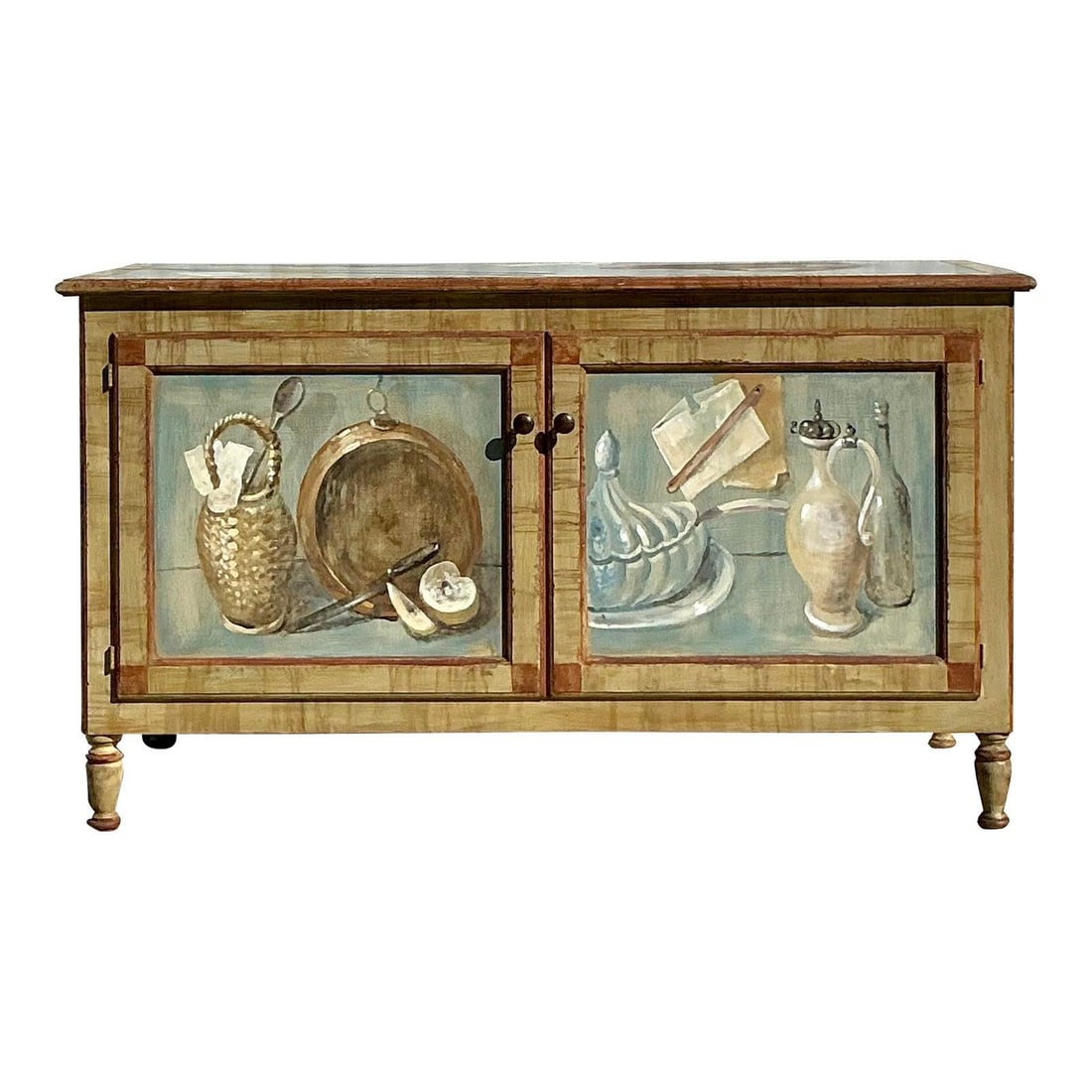 Vintage Regency Hand-Painted Cabinet Sky Blue 54x22x31: Vintage Regency Hand-Painted Cabinet Sky Blue 54x22x31 This exquisite vintage Regency hand-painted cabinet is a stunning piece of artistry, featuring intricately painted panels that depict charming st