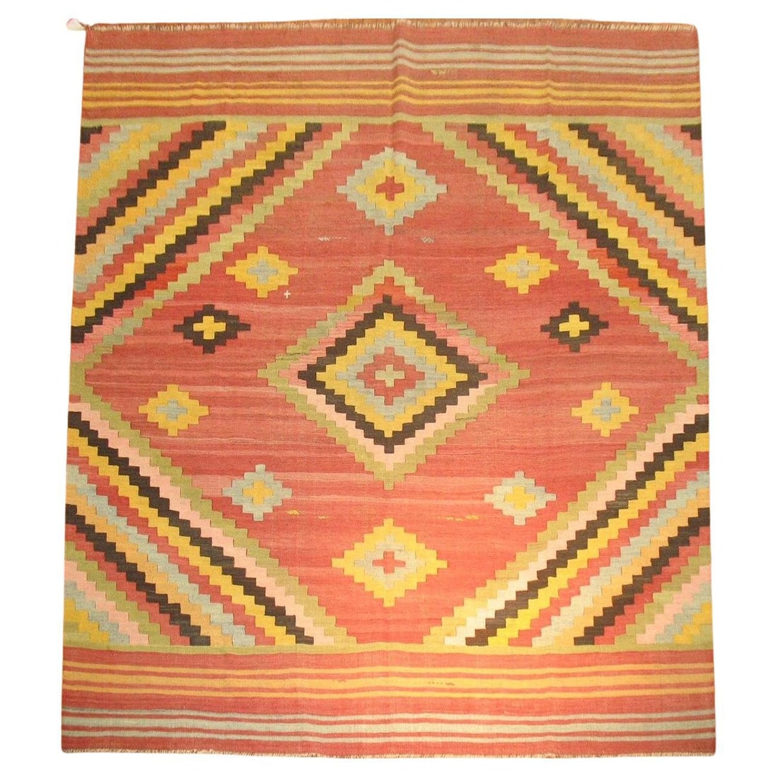 Unique 20th Century Turkish Kilim Bohemian Wool Rug 8'8 x 10': Unique 20th Century Turkish Kilim Bohemian Wool Rug 8'8 x 10' This exquisite Zabihi Collection Square Room Size Turkish Kilim is a unique piece from the mid 20th Century, showcasing a stunning Bohemia