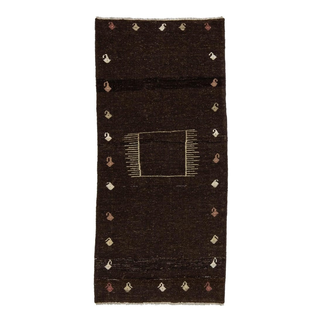 Hand Knotted Gabbeh Wool Runner 2'10 x 6'3 Dark Brown: Hand Knotted Gabbeh Wool Runner 2'10 x 6'3 Dark Brown This hand-knotted Gabbeh wool rug features a rich dark chocolate brown field with subtle color variations, reflecting traditional tribal folk art.