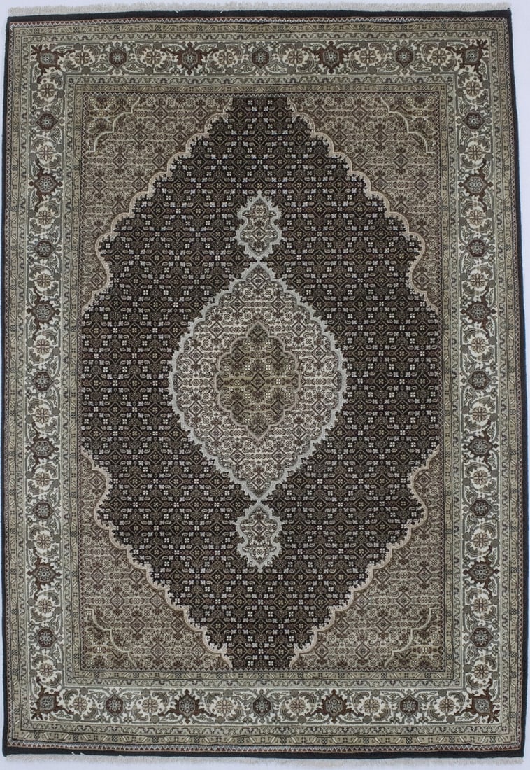 Hand-Knotted Wool Mahi Floral Area Rug 5'7 x 8' Modern Traditional Design: Hand-Knotted Wool Mahi Floral Area Rug 5'7 x 8' Modern Traditional Design This hand-knotted wool area rug features a traditional floral fish mahi design with a classic palette of black, beige, khaki, 
