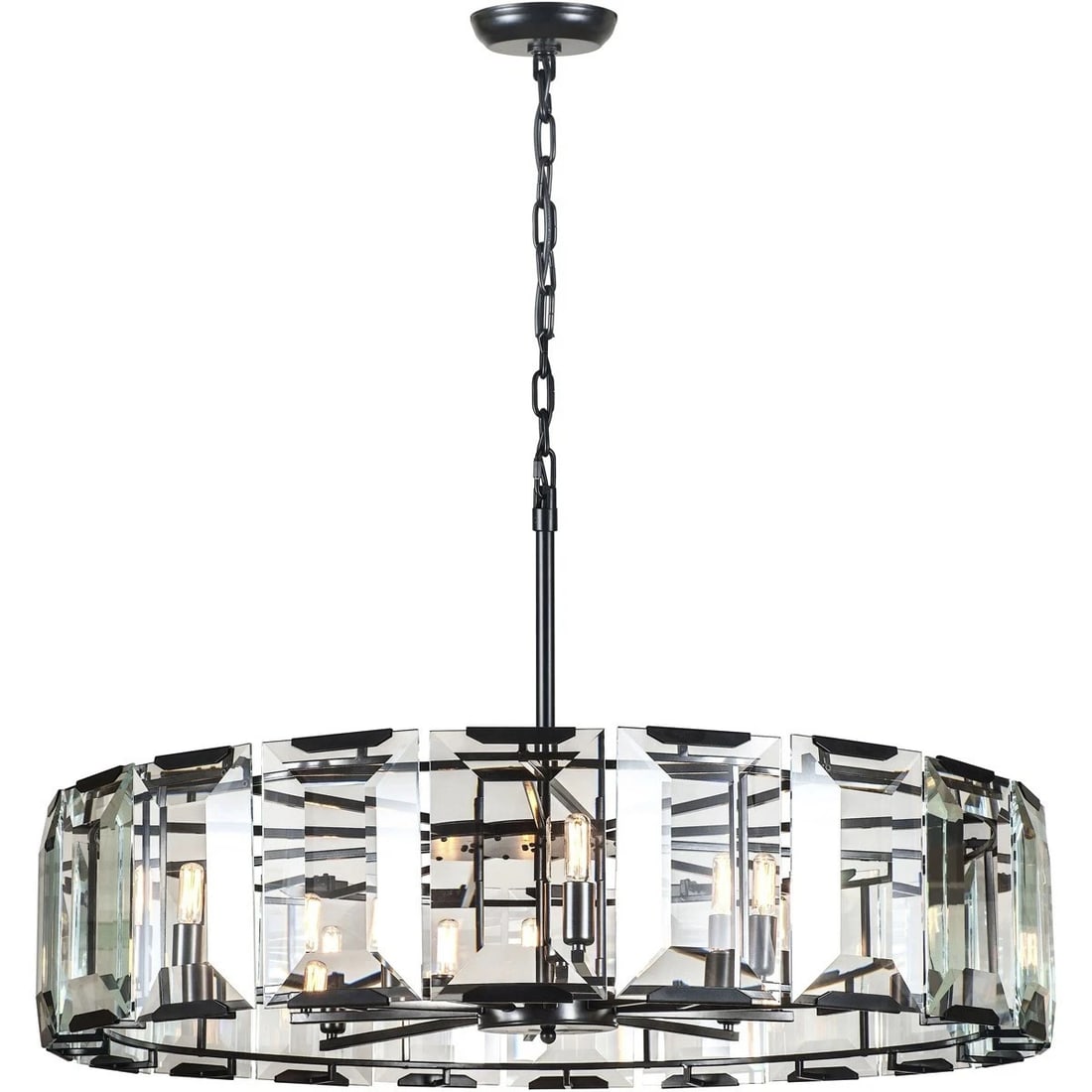 Monaco 10 Light Flat Black Glass Chandelier 43 inch: Monaco 10 Light Flat Black Glass Chandelier 43 inch This modern chandelier features a flat black finish and clear glass elements, designed to accommodate ten lights for ample illumination. The fixture