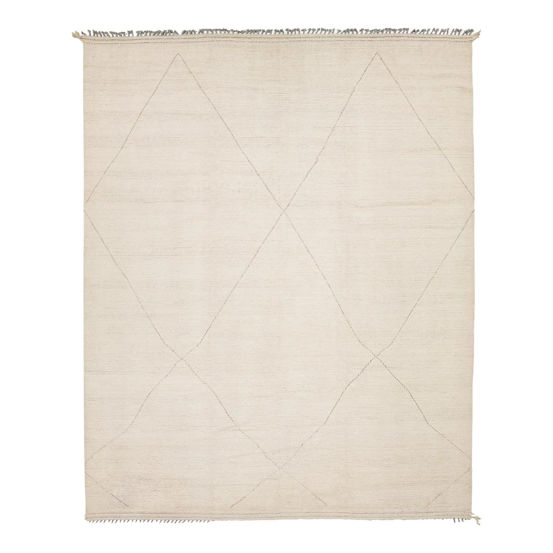 12'4" x 15'4" Ivory Wool Rug Beni Ourain Style Hand Knotted: 12'4" x 15'4" Ivory Wool Rug Beni Ourain Style Hand Knotted Hand-knotted wool area rug in an Ivory Beni Ourain style with a plush cream pile and a subtle oversized charcoal grey diamond lattice patter