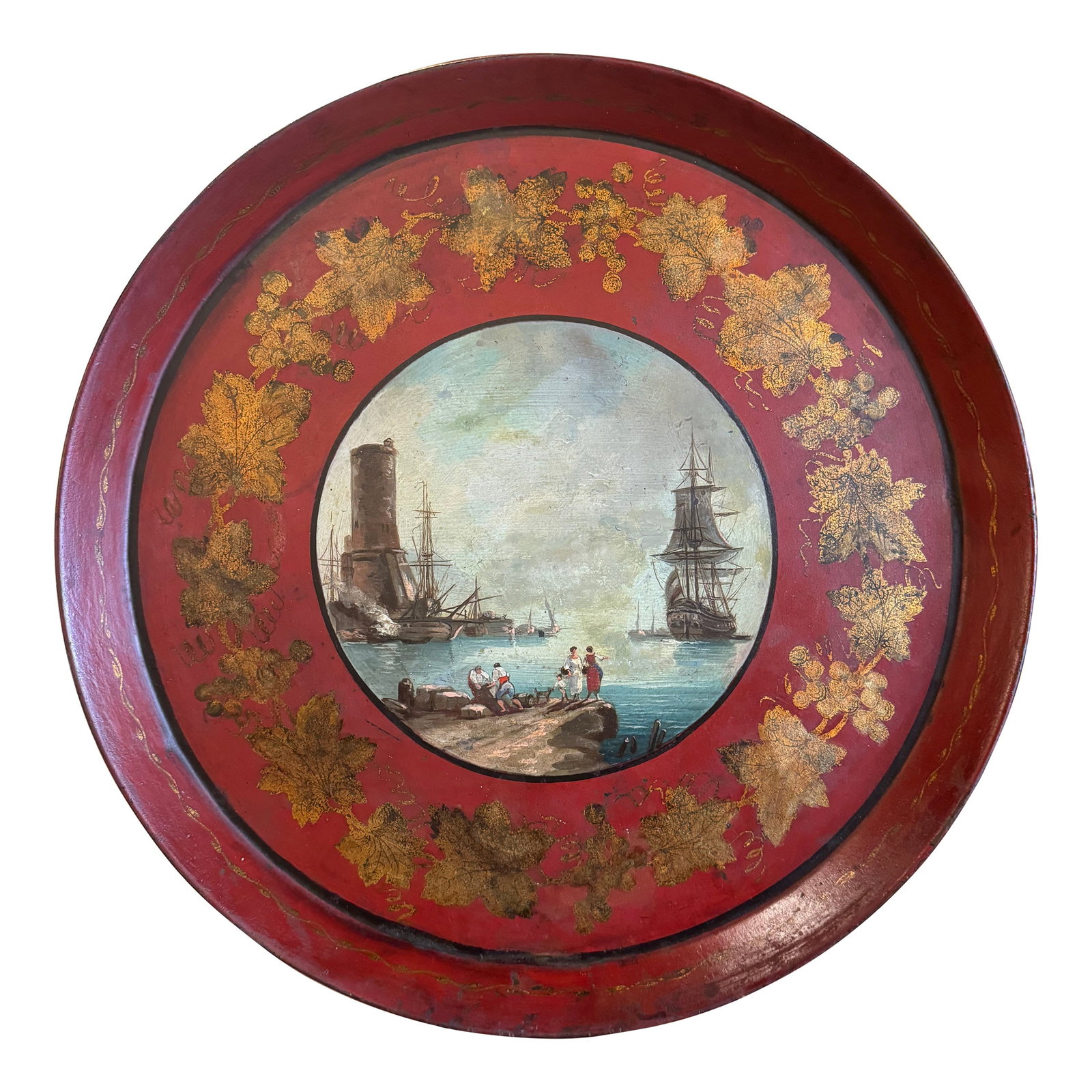 French tole harbor scene tray 17.5 inch diameter (1 of 8)