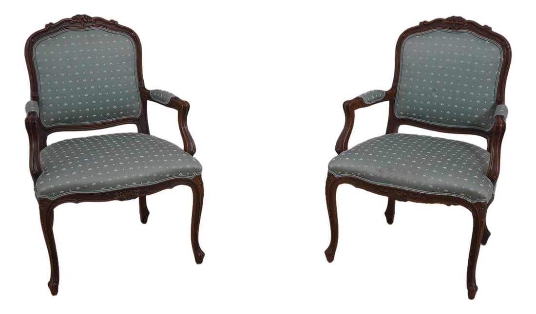 Ethan Allen Louis XV Pair of Open Armchairs with Fine Carved Details: Ethan Allen Louis XV Pair of Open Armchairs with Fine Carved Details This elegant pair of Ethan Allen French Louis XV open armchairs features fine carved details and quality construction, embodying th