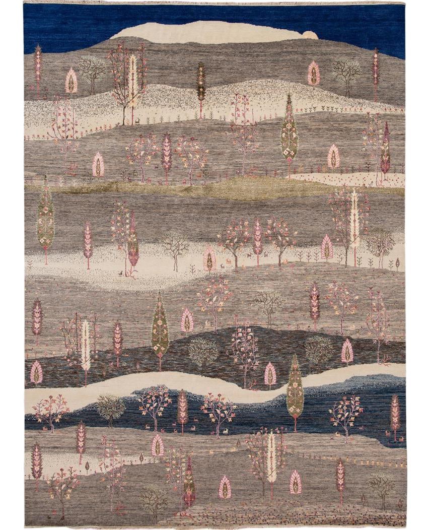 Contemporary Ivory Gabbeh Style Wool Rug 8'9" x 12'1": Contemporary Ivory Gabbeh Style Wool Rug 8'9" x 12'1" Introducing a stunning 21st Century Modern Gabbeh Style Wool Rug, featuring a contemporary design with an elegant ivory field complemented by a vi