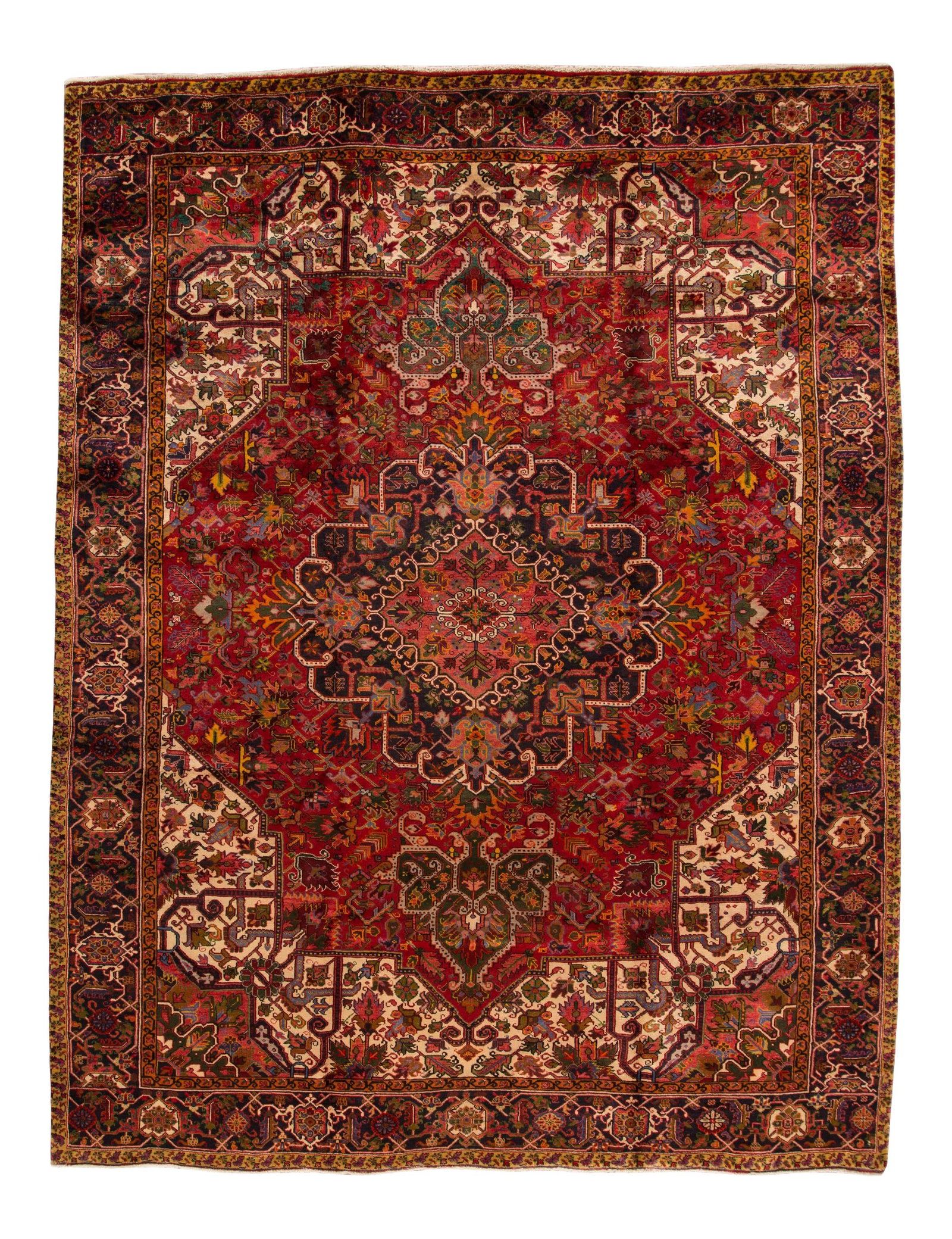 Vintage Persian Heriz 9'9 x 12'5 Wool Rug with Center Medallion: Vintage Persian Heriz 9'9 x 12'5 Wool Rug with Center Medallion Discover the elegance of this Vintage Persian Heriz hand-knotted wool rug featuring a rich rust field complemented by a brown frame and 