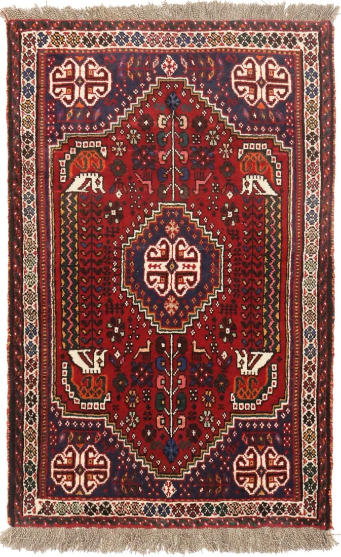 Hand-Knotted Wool Area Rug Red Tribal Equestrian Design 3'2 x 5'3: Hand-Knotted Wool Area Rug Red Tribal Equestrian Design 3'2 x 5'3 This hand-knotted area rug features a striking red palette with cream, plum, gold, dark green, and brown accents in a tribal geometric
