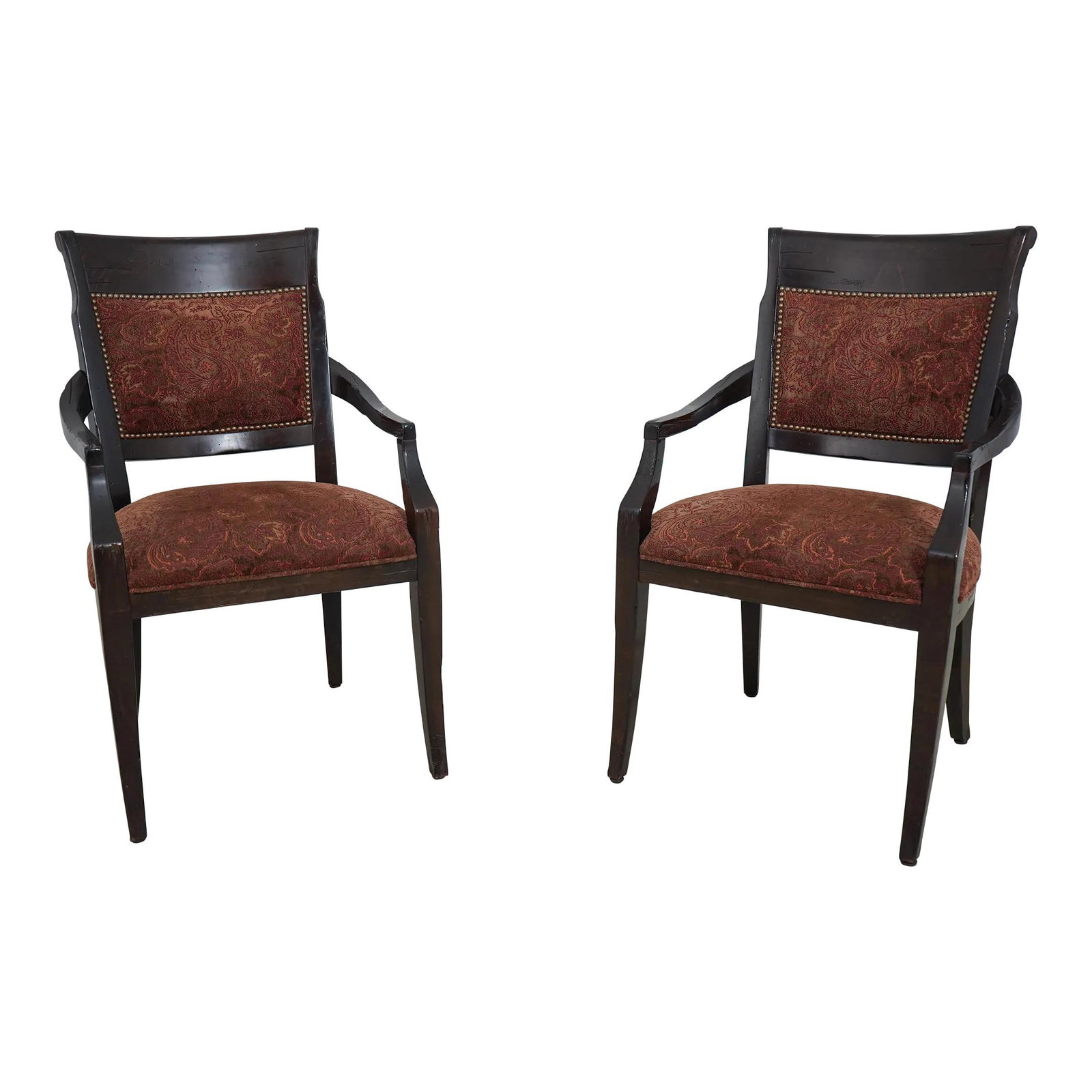 Elegant Pair of English Regency Style Armchairs Upholstered Brown: Elegant Pair of English Regency Style Armchairs Upholstered Brown This exquisite pair of English Design Regency Style Armchairs features high-quality construction and well-cared-for upholstery, showca
