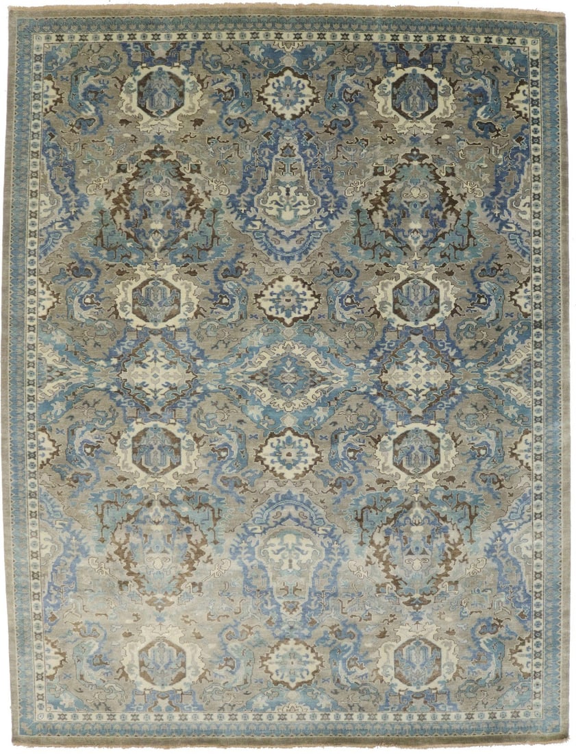 Hand-Knotted Wool Floral Area Rug 9'1 x 11'10 Muted Cream Gray Beige Brown: Hand-Knotted Wool Floral Area Rug 9'1 x 11'10 Muted Cream Gray Beige Brown This handmade Osh Chobi area rug features a classic floral pattern in muted tones of cream, gray, beige, and brown. Expertly 