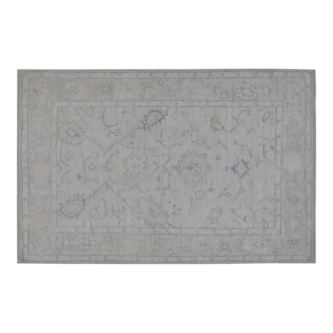 4'x6' Wool Area Rug with Turkish Oushak Design Hand Knotted: 4'x6' Wool Area Rug with Turkish Oushak Design Hand Knotted This Turkish Oushak hand-knotted wool rug is crafted using traditional techniques, merging classic artistry with modern design. Its verdigri