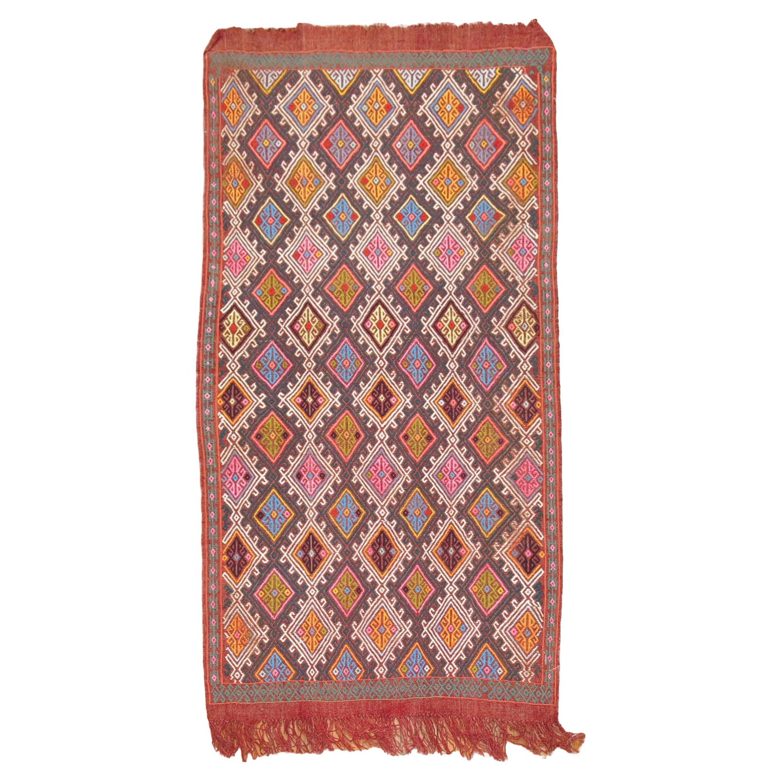 Mid-20th Century Zabihi Jajim Turkish Wool Kilim 44x81: Mid-20th Century Zabihi Jajim Turkish Wool Kilim 44x81 Discover the beauty of this mid-20th century Jajim Turkish flatweave, a stunning example of traditional Kilim craftsmanship. This colorful Turkis