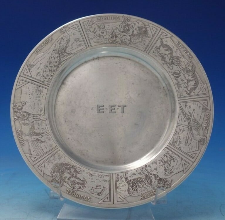 Sterling Silver Childs Plate Acid Etched Woodland Animal Pattern 4549: Sterling Silver Childs Plate Acid Etched Woodland Animal Pattern 4549 Sterling silver child's plate with an acid-etched woodland farm animal motif, including kittens, parrot, sheep, squirrel, horse, p