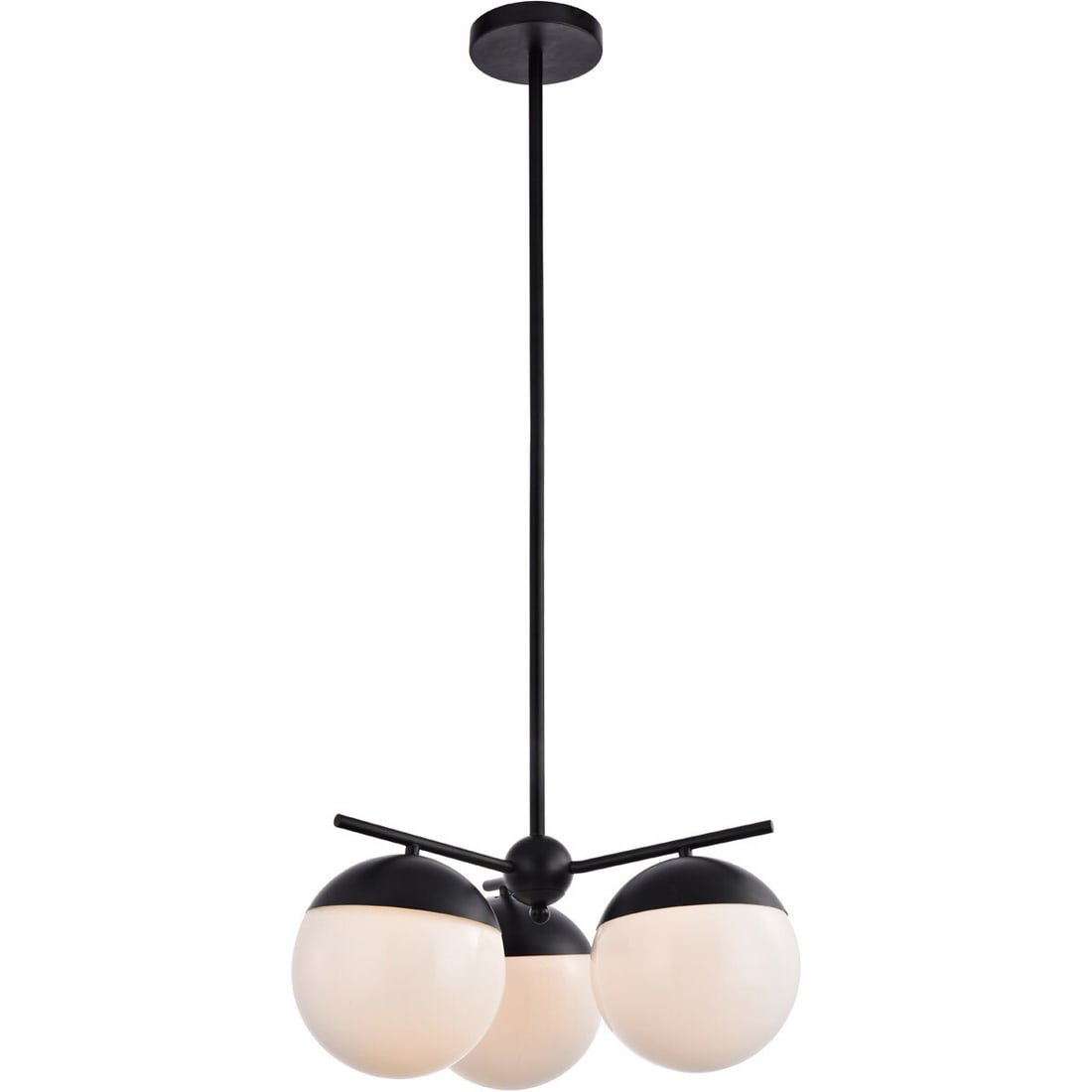 Eclipse 3 Light Pendant Black Frosted Glass 21 in: Eclipse 3 Light Pendant Black Frosted Glass 21 in Modern 3-light pendant chandelier with a black finish and white frosted glass shade. It features a round shade shape, downward light direction, dimmab