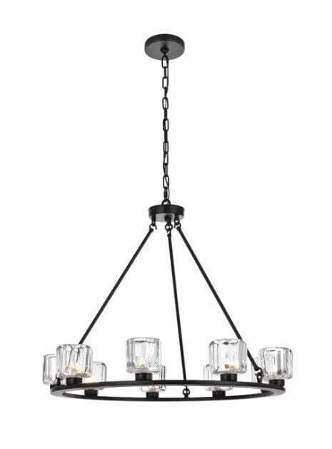 Cadence 9-Light Black Glass Chandelier 32 Inch: Cadence 9-Light Black Glass Chandelier 32 Inch This 9-light chandelier features a black metal frame with glass shades, offering a modern farmhouse style suitable for dining rooms, living rooms, bedroo