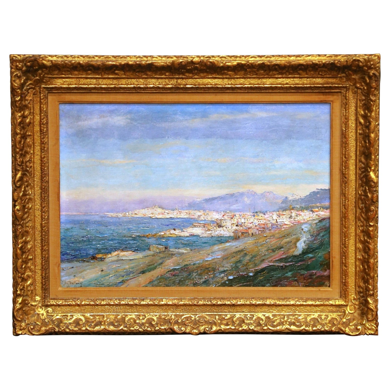 Antibes Seascape Oil on Canvas by Jean-Baptiste Duffaud in Giltwood Frame: Antibes Seascape Oil on Canvas by Jean-Baptiste Duffaud in Giltwood Frame An antique late 19th century French coastal landscape oil painting by Jean-Baptiste Duffaud, painted circa 1885. The oil on ca