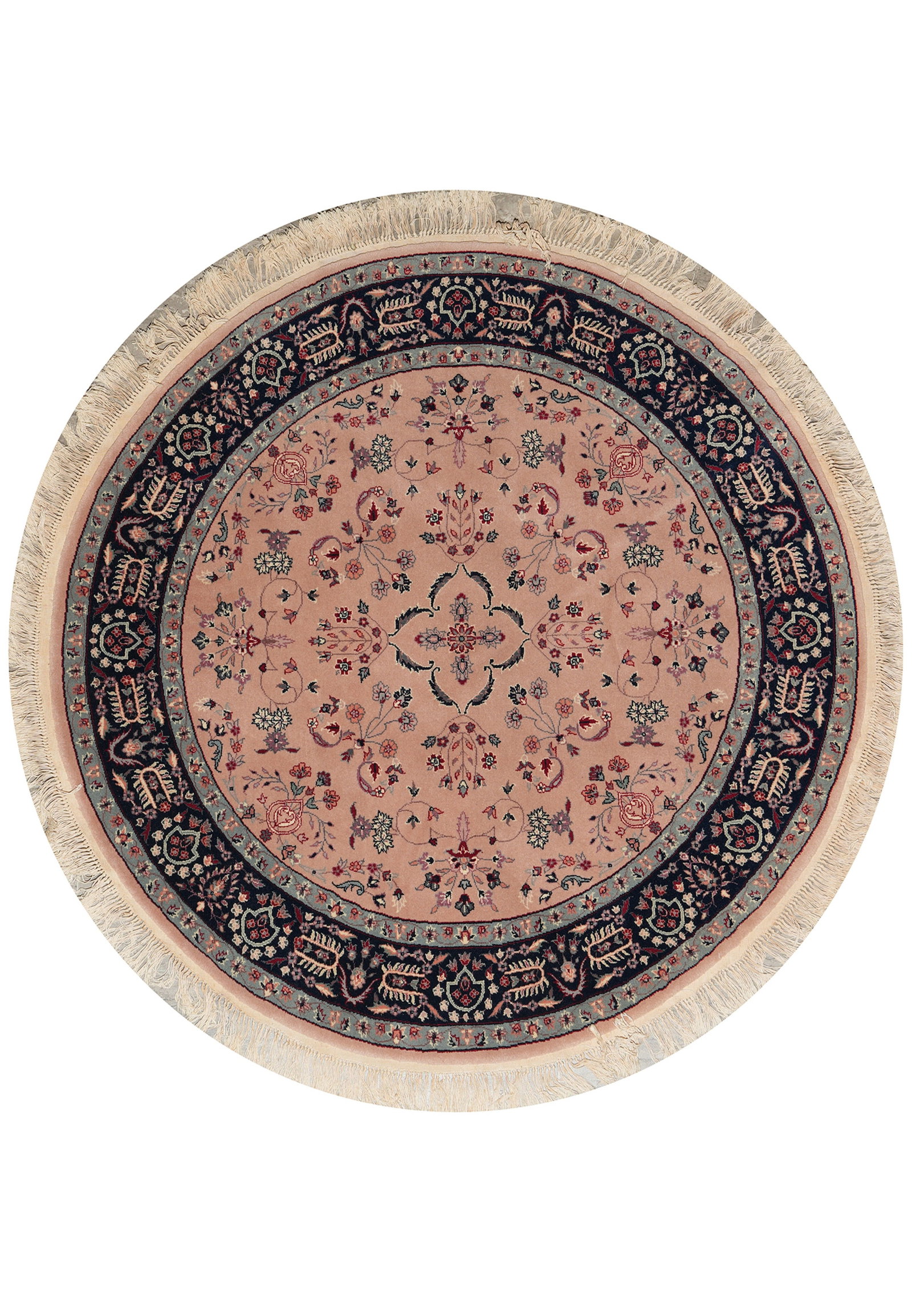 5 x 5 Round Hand-Knotted Wool Floral Area Rug India: 5 x 5 Round Hand-Knotted Wool Floral Area Rug India Free continental US Shipping This 5 x 5 round area rug is handmade from wool and features a blush pink field with an intricate navy floral border an