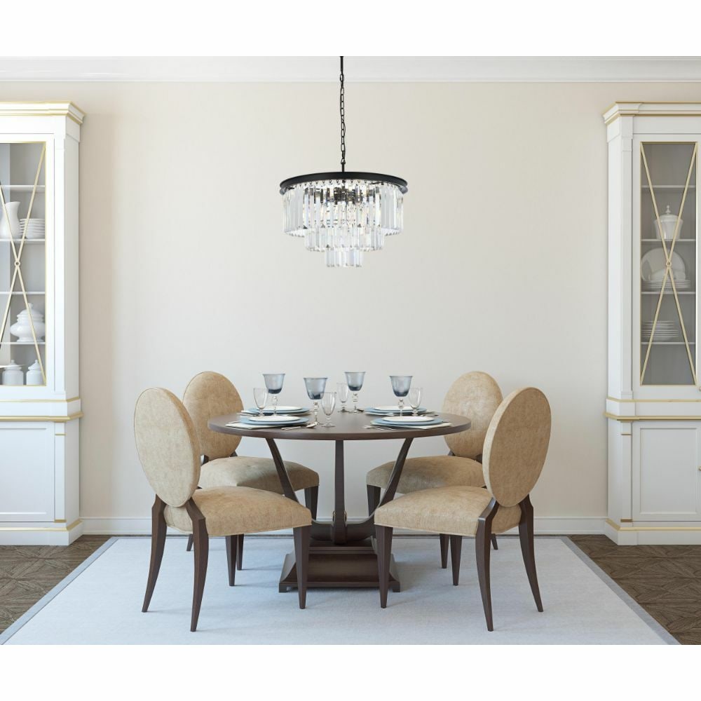 Sydney 9 Light Crystal Chandelier Matte Black 26 in: Sydney 9 Light Crystal Chandelier Matte Black 26 in Modern 9-light chandelier with a matte black finish and clear crystals. It is hardwired, indoor-rated, and designed for dining rooms, kitchens, and 