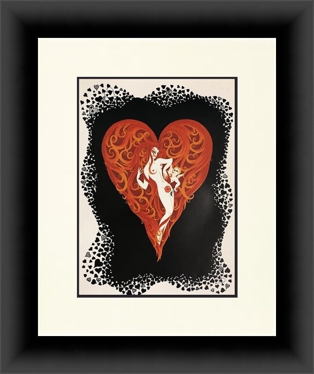 Erte Aces Suite Heart Custom Framed Art Deco Print 16x19: Erte Aces Suite Heart Custom Framed Art Deco Print 16x19 This stunning print titled "Heart" from the Aces Suite by artist Erte showcases an elegant Art Deco style featuring a nude figure surrounded by