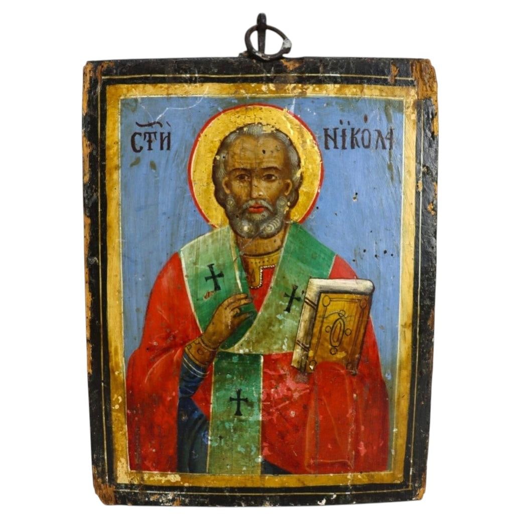 c1860 Russian Orthodox Saint Nicholas icon painting on wood panel (1 of 8)