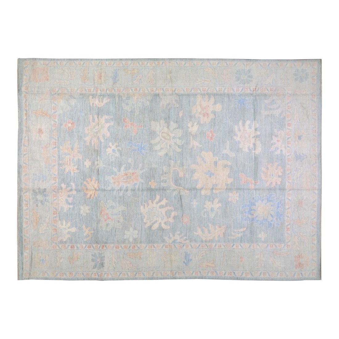 9'10 x 13'7 Blue Wool Floral Oushak Style Hand Knotted Area Rug: 9'10 x 13'7 Blue Wool Floral Oushak Style Hand Knotted Area Rug This contemporary Oushak rug features a hand-knotted wool construction with natural colors and a floral style. Its fine weave and blue c