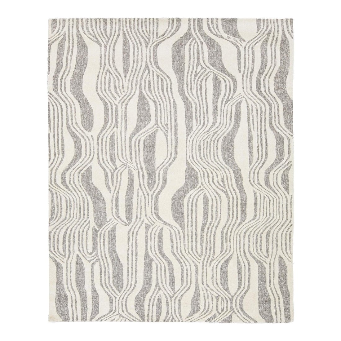 8x10 Hand-Tufted Wool Rug in Ivory and Gray Wave Pattern: 8x10 Hand-Tufted Wool Rug in Ivory and Gray Wave Pattern This modern hand-tufted wool rug features an organic wave pattern with a high-low pile construction that adds visual depth and architectural te