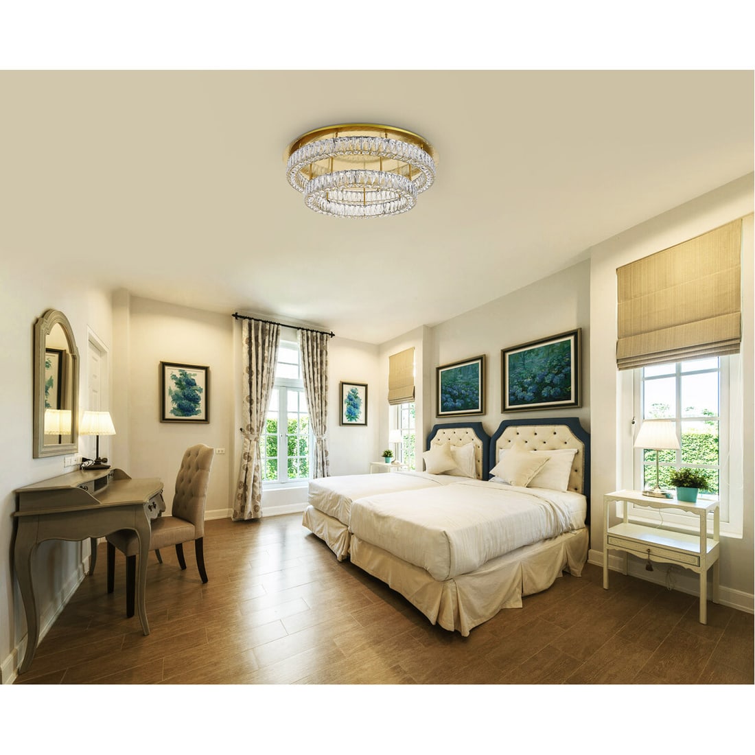 Monroe Gold Crystal LED Flush Mount Chandelier 34 inch: Monroe Gold Crystal LED Flush Mount Chandelier 34 inch This modern flush mount chandelier features two tiers of stainless-steel rings in a smooth gold finish, adorned with royal-cut clear crystals for
