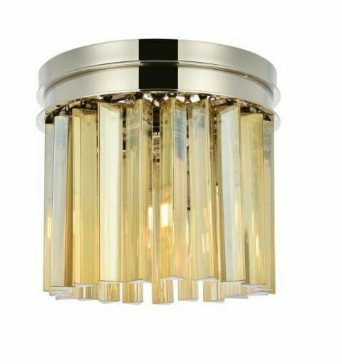 Sydney Collection Crystal Flush Chandelier with Polished Nickel and Golden Teak Accent: Sydney Collection Crystal Flush Chandelier with Polished Nickel and Golden Teak Accent This contemporary flush mount chandelier features three lights and is adorned with high-quality golden teak cryst