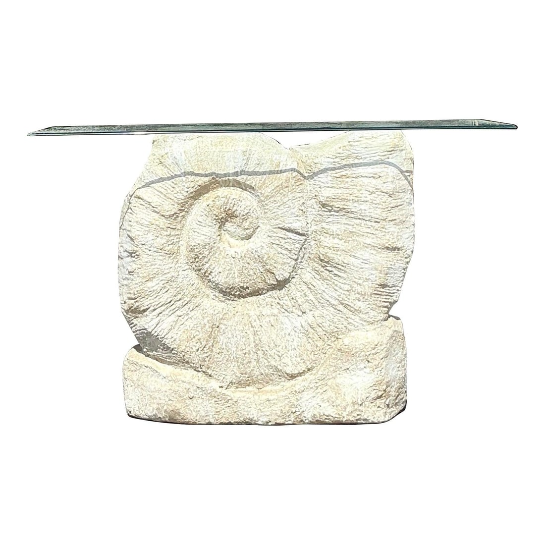 Vintage Nautilus Shell Console Table with Glass Top: Vintage Nautilus Shell Console Table with Glass Top Elevate your home decor with this captivating vintage Boho console table, featuring a stunning sculptural nautilus shell base. Crafted from a plaste