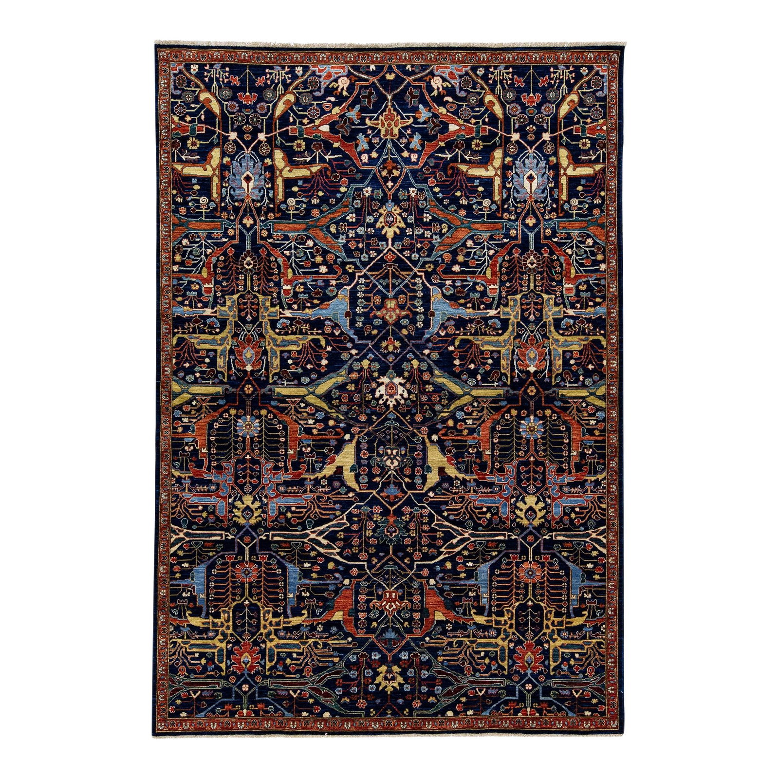 Handmade Modern Bidjar Style Dark Blue Wool Rug 6'3 x 9'2: Handmade Modern Bidjar Style Dark Blue Wool Rug 6'3 x 9'2 This exquisite handmade rug showcases a modern Bidjar style with a rich dark blue field. It features a stunning geometric floral pattern highl