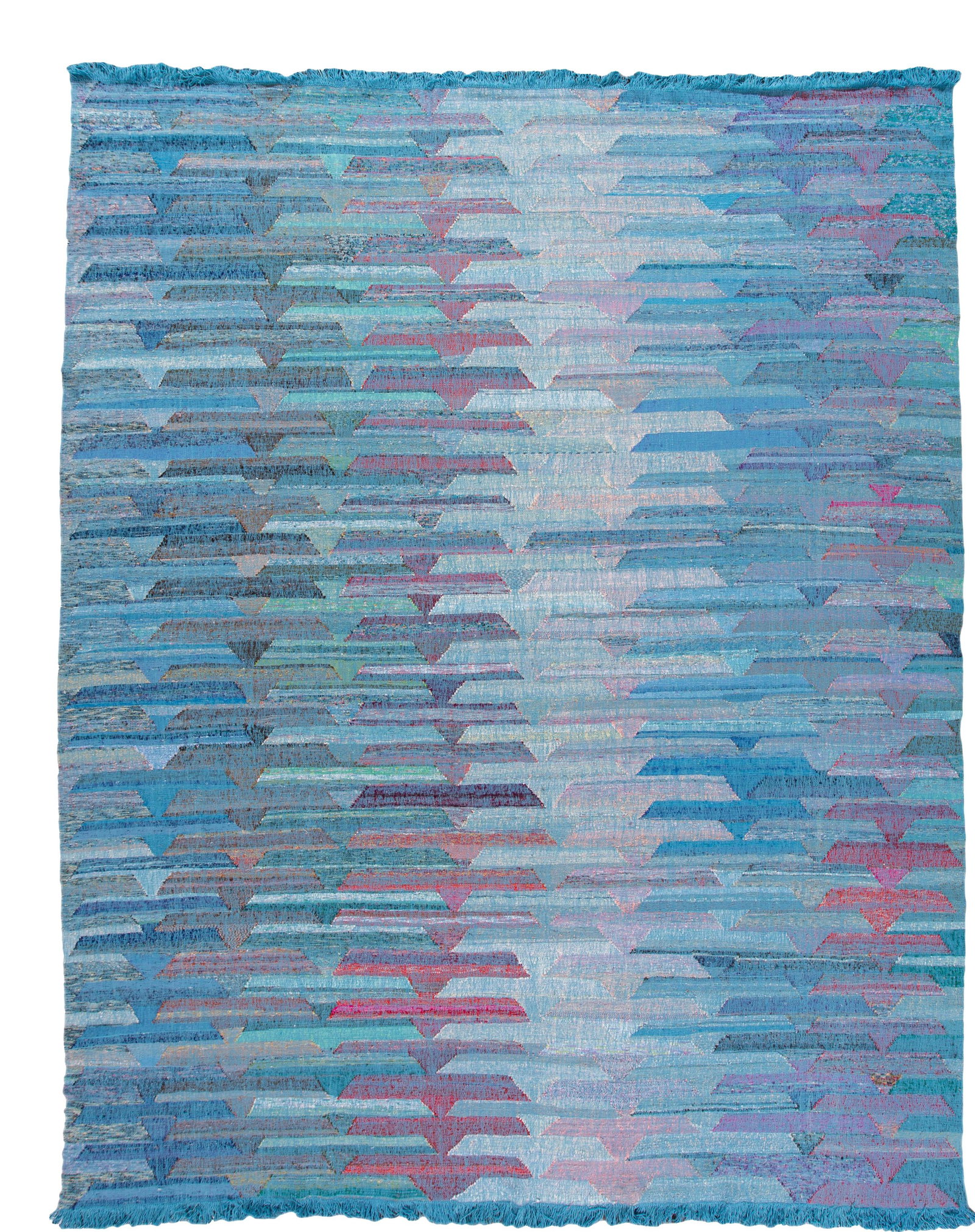 Modern Kilim Blue Wool Rug 12'2 x 15'7 Geometric Design: Modern Kilim Blue Wool Rug 12'2 x 15'7 Geometric Design Enhance your space with this stunning Modern Kilim Flat-weave wool rug, featuring a vibrant blue field adorned with eye-catching pink, green, an