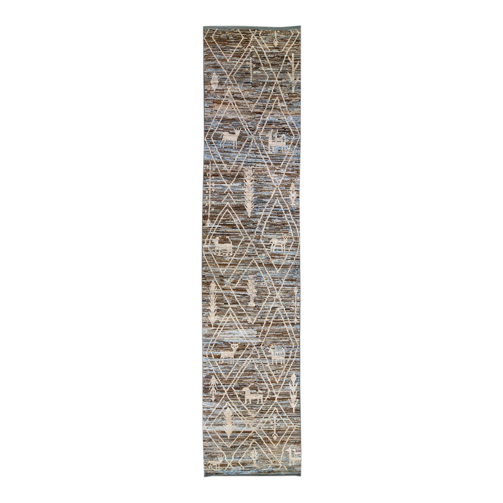 Handmade Moroccan Wool Runner Blue Brown Tribal Design 4'1 x 19'3: Handmade Moroccan Wool Runner Blue Brown Tribal Design 4'1 x 19'3 Add a touch of sophistication to your space with this stunning Moroccan-style handmade wool runner. Featuring a captivating brown and 