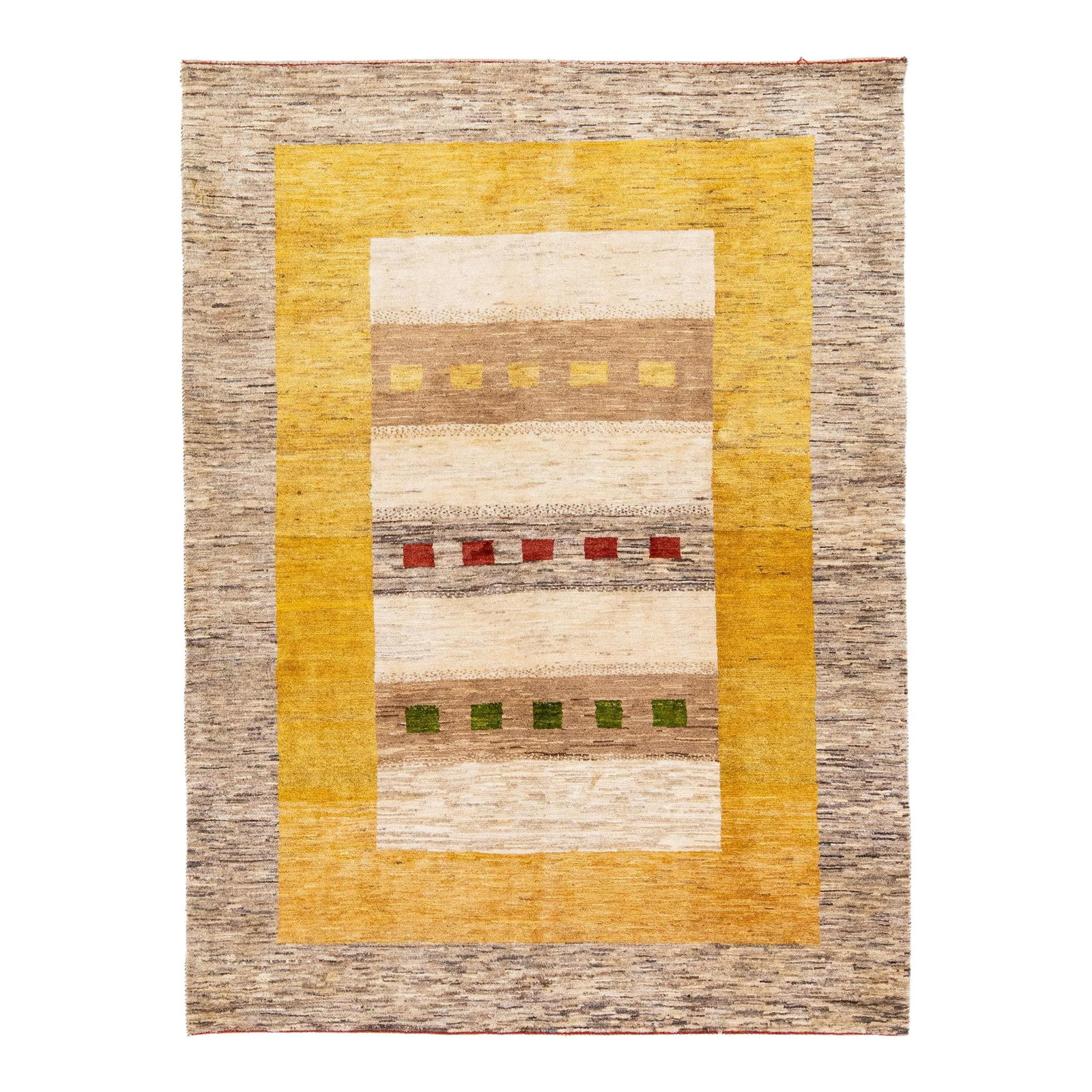 Modern Persian Gabbeh Hand-Knotted Wool Rug Brown Yellow 4'9 x 6'6: Modern Persian Gabbeh Hand-Knotted Wool Rug Brown Yellow 4'9 x 6'6 Enhance your space with this stunning modern Gabbeh hand-knotted wool rug. Featuring a rich brown and yellow field, this Persian rug 