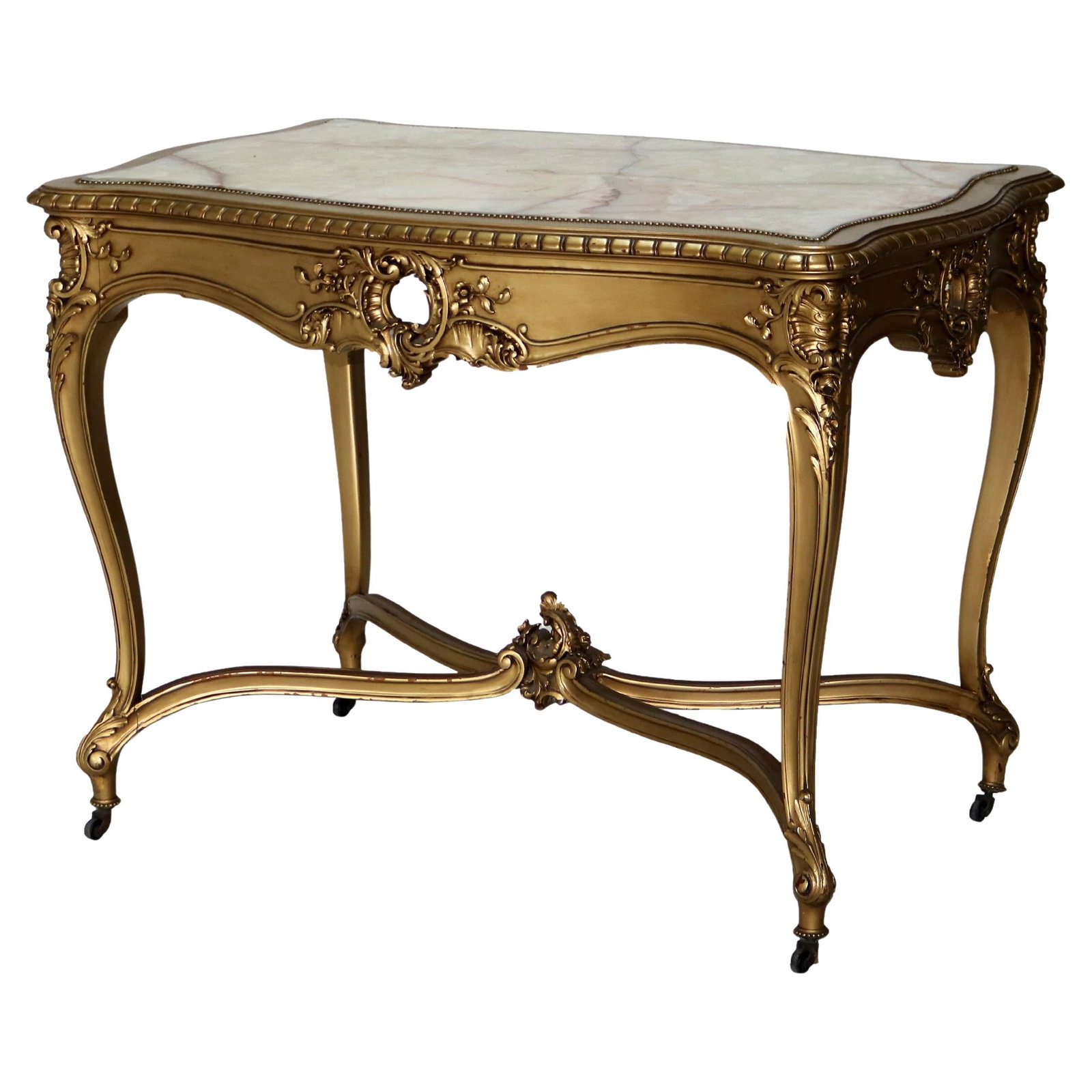 Antique Louis XIV Giltwood Parlor Table with Onyx Inset C1890: Antique Louis XIV Giltwood Parlor Table with Onyx Inset C1890 This exquisite antique parlor table from the Louis XIV period, circa 1890, features stunning giltwood craftsmanship. The table is