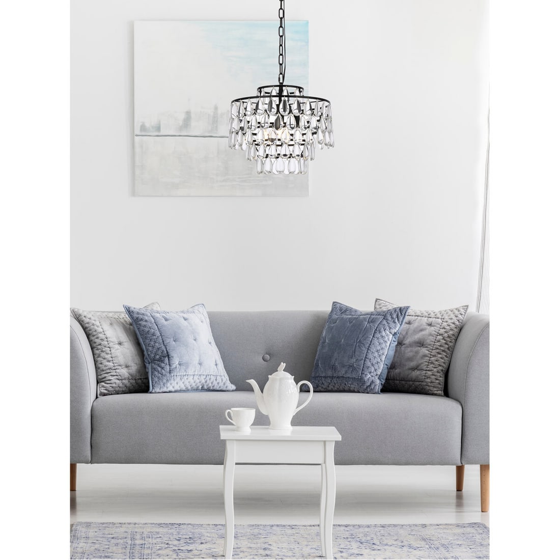Living District Mila 3 Light Black Crystal Pendant: Living District Mila 3 Light Black Crystal Pendant This modern chandelier features a black finish with glass and crystal elements, creating an elegant pendant light fixture suitable for dining rooms,