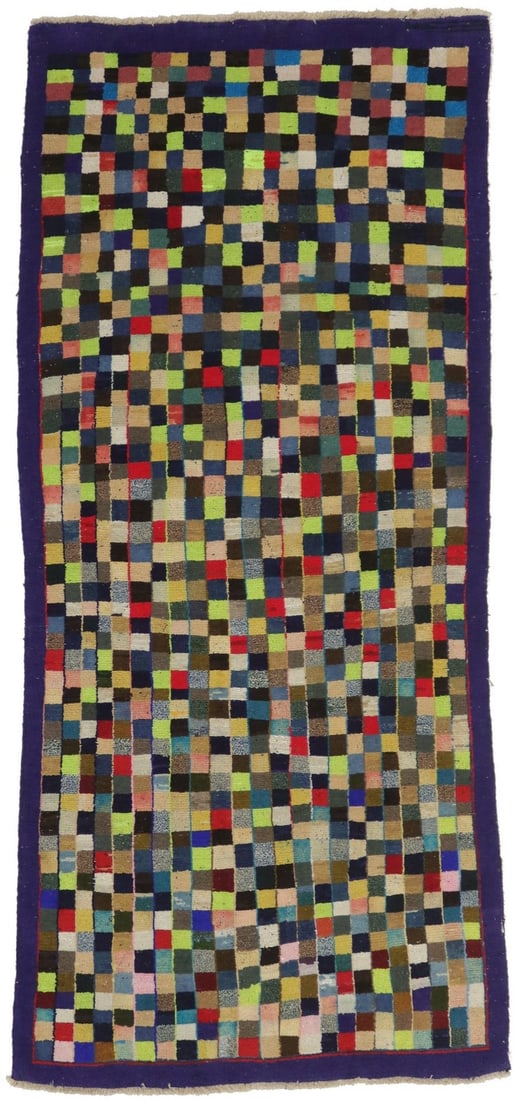 Handmade Multicolored Tribal Design Area Rug 3'6 x 7'11 Vintage Wool: Handmade Multicolored Tribal Design Area Rug 3'6 x 7'11 Vintage Wool Enhance your living space with this exquisite Semi-Antique handmade Oriental rug featuring a stunning multicolored tribal design. C