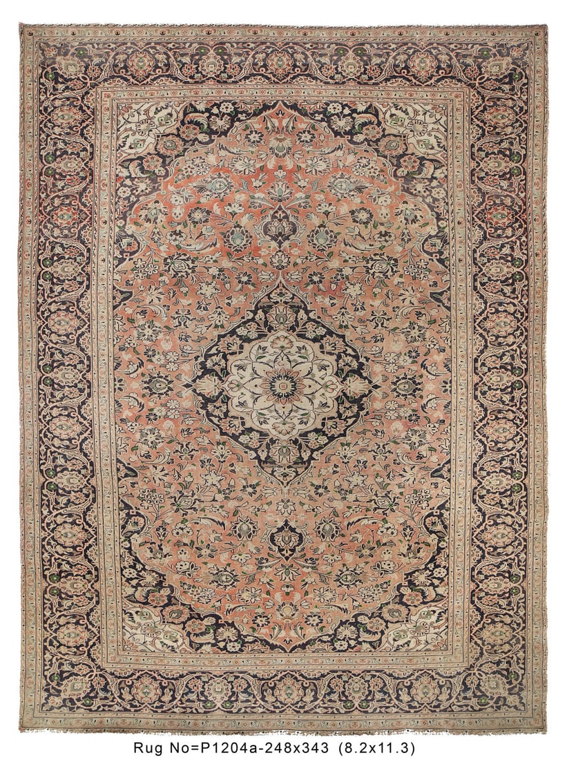 8.2 x 11.3 Persian Kashan Semi-Antique Rug in Soft Coral: 8.2 x 11.3 Persian Kashan Semi-Antique Rug in Soft Coral Free continental US Shipping Discover the beauty of this semi-antique Persian Kashan rug, measuring 8.2 x 11.3 feet. Crafted with care, this ex
