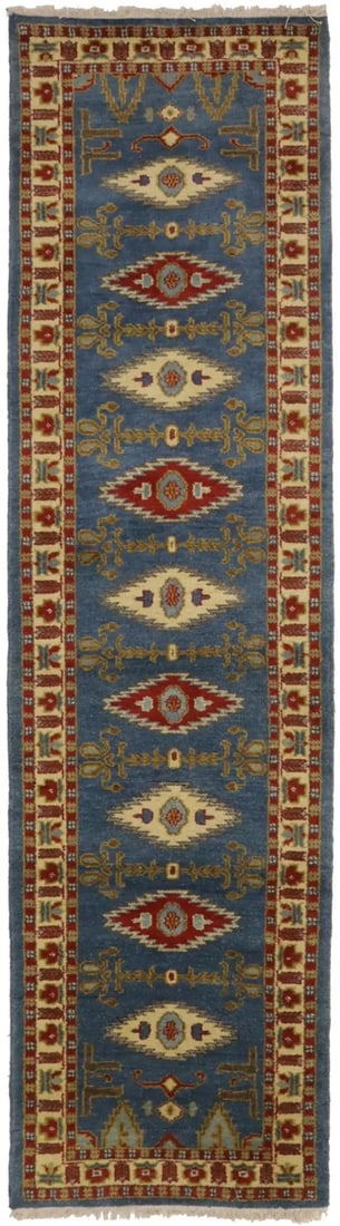 Hand Knotted Wool Kazak Geometric Runner Rug 2'8 x 9'10: Hand Knotted Wool Kazak Geometric Runner Rug 2'8 x 9'10 This hand-knotted Kazak runner rug features a vibrant geometric pattern with blue, cream, rusty red, gold, brown, olive, and light blue tones. C