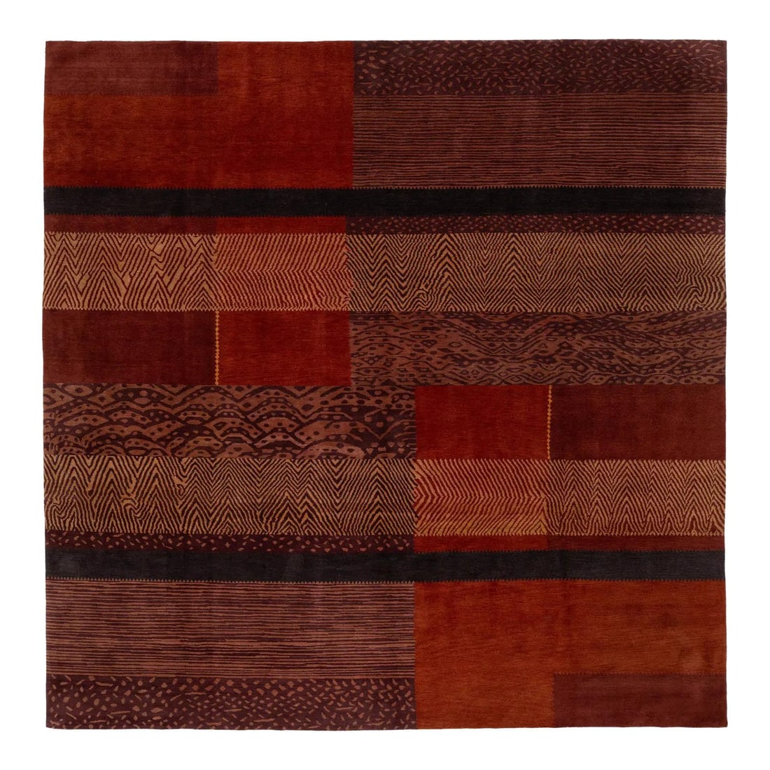 11'7" x 11'9" Red Patchwork Tibetan Wool and Silk Area Rug: 11'7" x 11'9" Red Patchwork Tibetan Wool and Silk Area Rug This modern Tibetan rug is hand-knotted in Nepal from a luxurious blend of wool and silk. It showcases a dynamic patchwork design featuring g