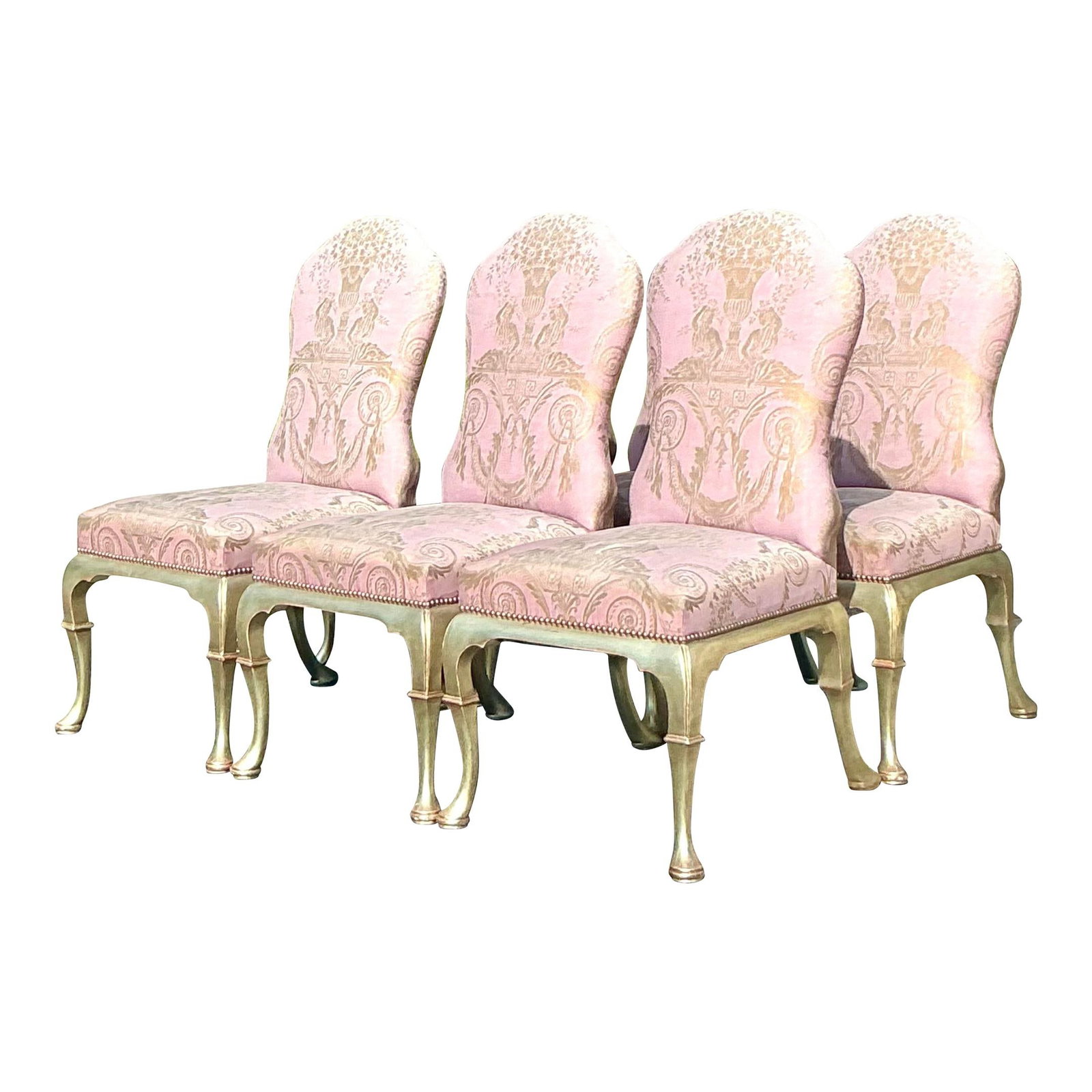 Set of 6 Vintage Regency Gregorius Pineo Dining Chairs Fortuny Fabric: Set of 6 Vintage Regency Gregorius Pineo Dining Chairs Fortuny Fabric Enhance your dining area with this exquisite set of 6 vintage Regency Gregorius Pineo dining chairs, elegantly upholstered in luxu