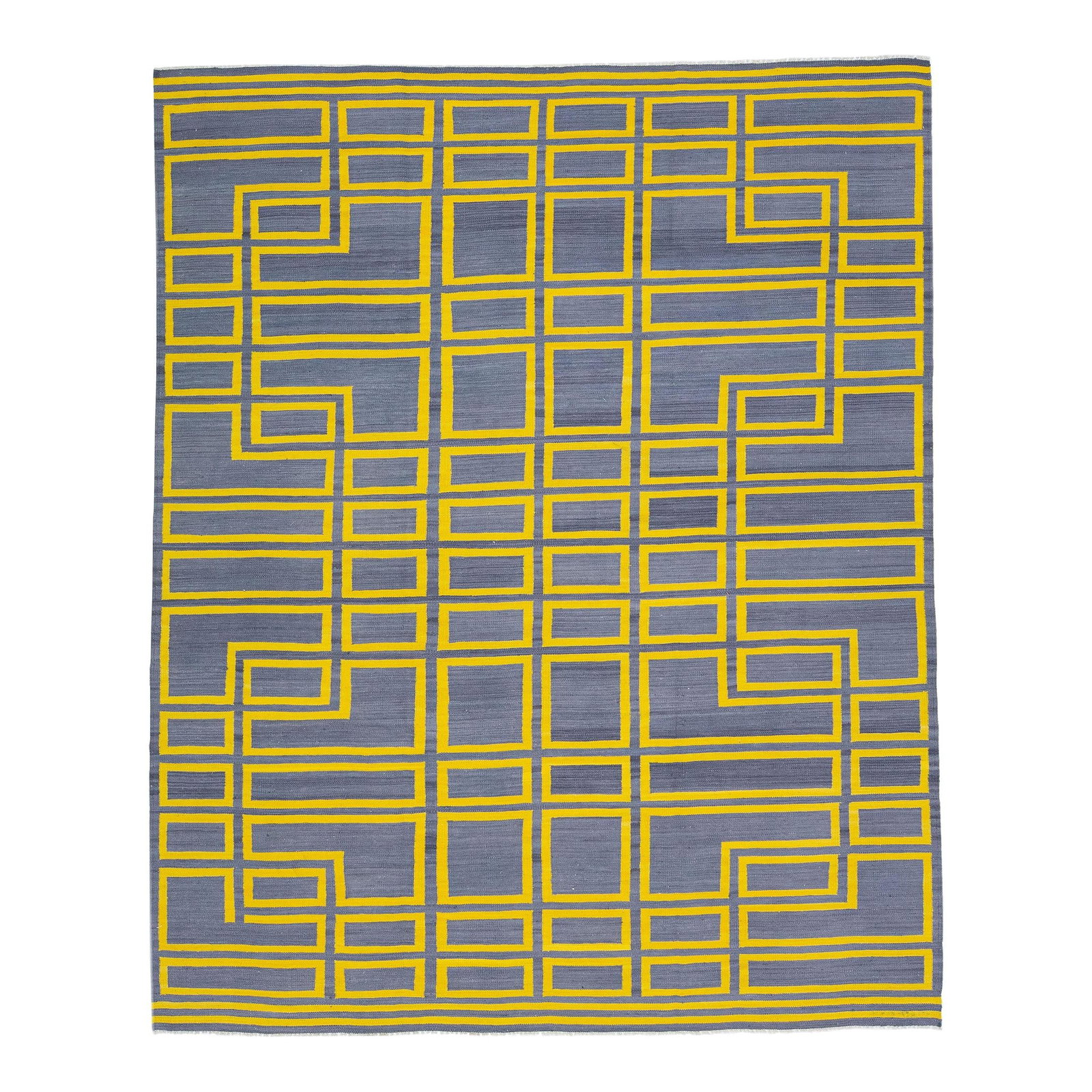 2020s Turkish Kilim Wool Rug Gray Yellow Geometric Design 8'2 x 10'2: 2020s Turkish Kilim Wool Rug Gray Yellow Geometric Design 8'2 x 10'2 Enhance your living space with this stunning contemporary Turkish Kilim rug. Designed with a striking yellow stripe pattern against