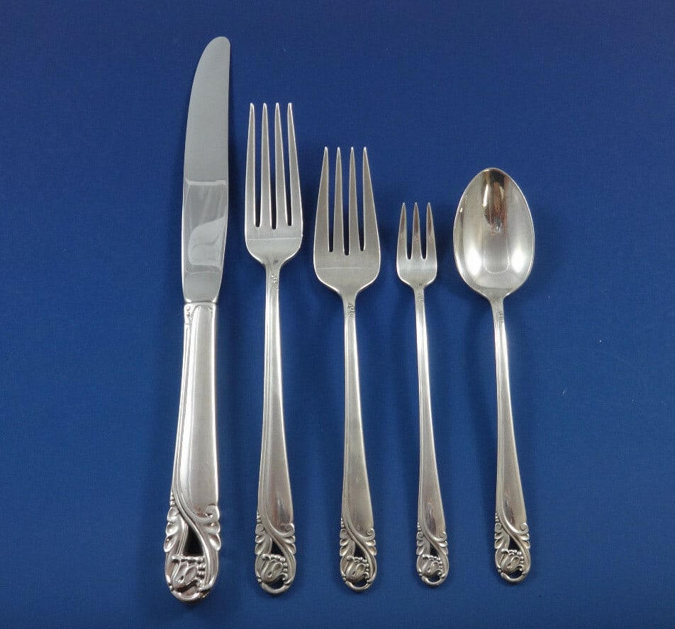 International Spring Glory Sterling Silver 66 Piece Flatware Set: International Spring Glory Sterling Silver 66 Piece Flatware Set This is a 66-piece flatware set in the Spring Glory pattern by International Silver, crafted from sterling silver. The set includes twe