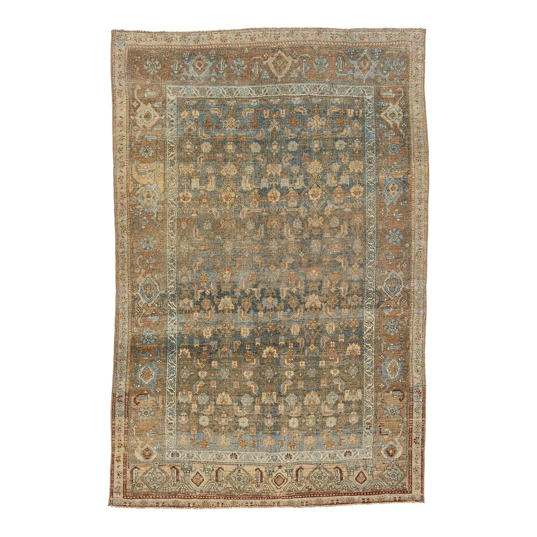4'4" x 6'9" Antique Malayer Wool Rug in Slate Blue and Ochre: 4'4" x 6'9" Antique Malayer Wool Rug in Slate Blue and Ochre An antique Malayer rug with an all-over botanical and geometric motif, woven entirely from wool. The design has no central medallion and fe