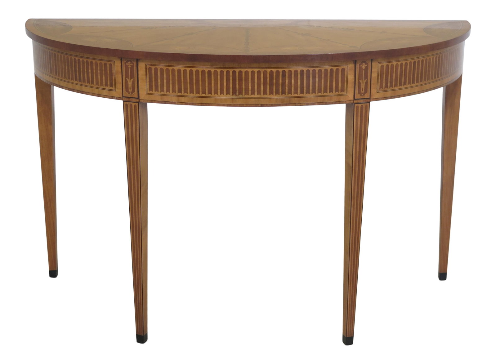 1990s Vintage Adam Style Satinwood Console Table with Inlay: 1990s Vintage Adam Style Satinwood Console Table with Inlay This exquisite 1990s Vintage Adam Style Console Table showcases high-quality craftsmanship with intricate inlaid details throughout. The tab